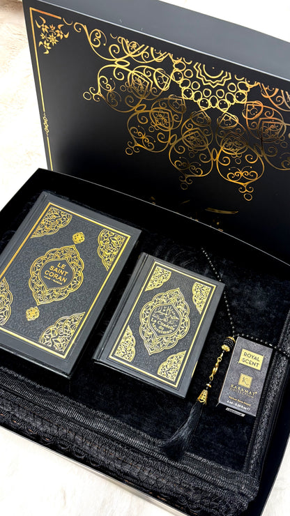 Coffret cadeau islamique noir : Coran, Citadelle du musulman, tapis de prière brodé, tasbih et musc