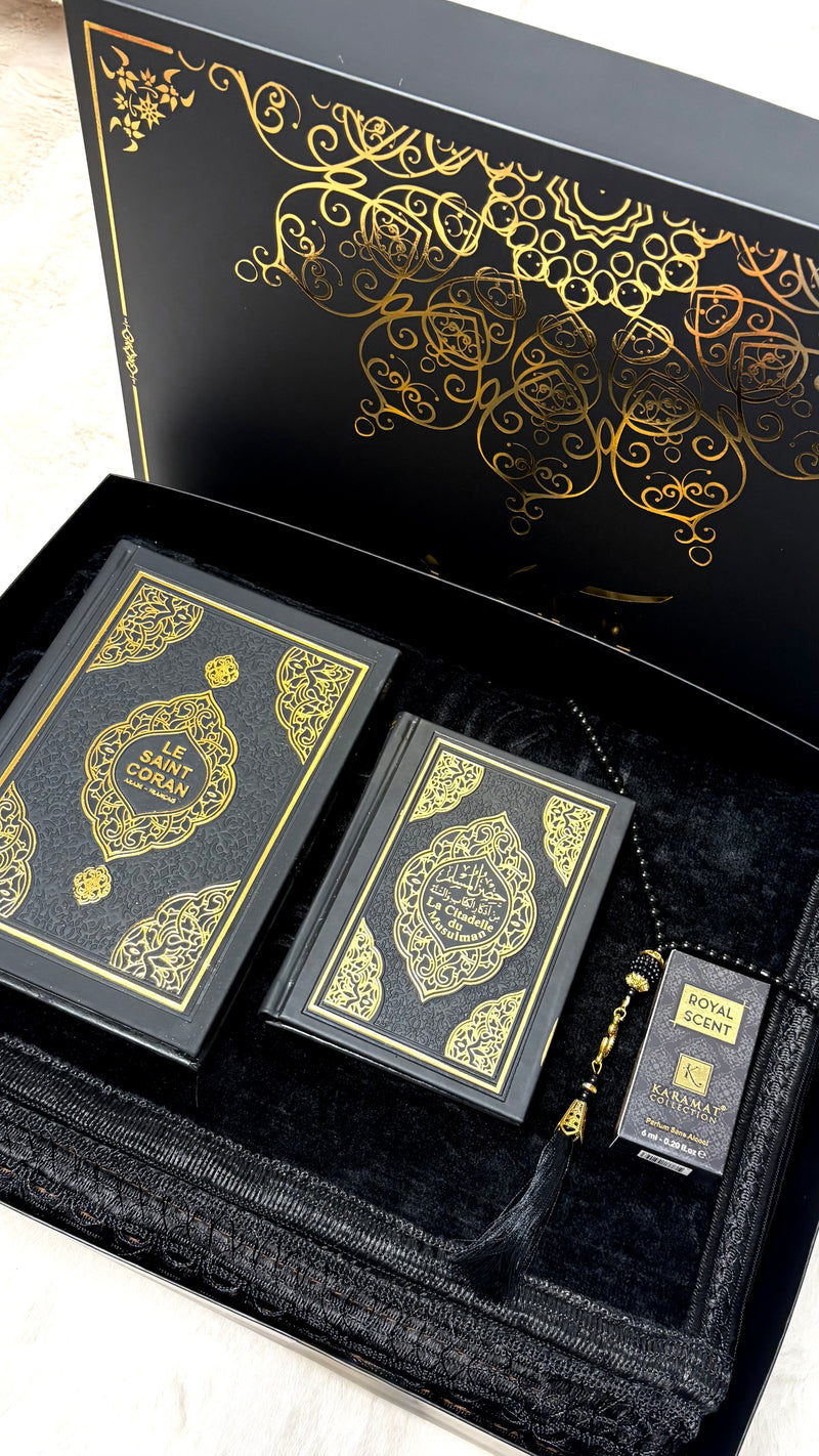 Coffret cadeau islamique noir : Coran, Citadelle du musulman, tapis de prière brodé, tasbih et musc