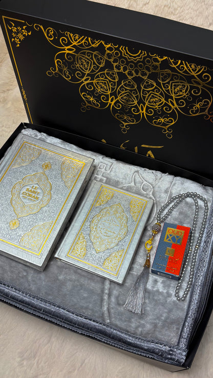 Coffret cadeau islamique gris : Coran, Citadelle du musulman, tapis de prière brodé, tasbih et musc