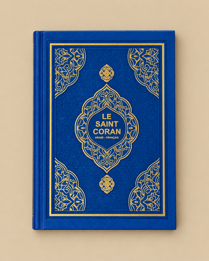 Coran bilingue arabe-français bleu marine de l'ensemble Coran, tapis et musc