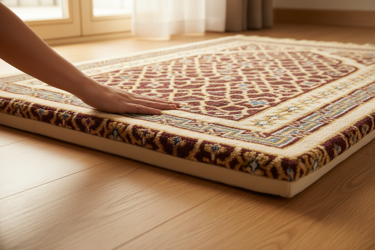 Tapis de Prière Épais Nafis — main sur tapis, texture visible