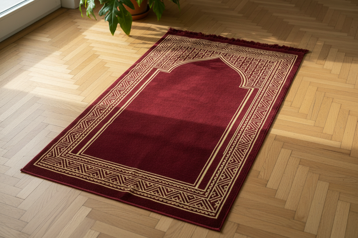 Tapis de Prière Velours Nafis — vue de dessus sur parquet, lumière naturelle