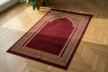 Tapis de Prière Épais Nafis — vue de dessus sur parquet, lumière naturelle